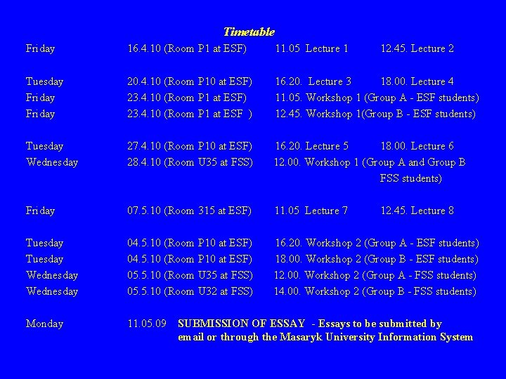 Timetable Friday 16. 4. 10 (Room P 1 at ESF) 11. 05 Lecture 1