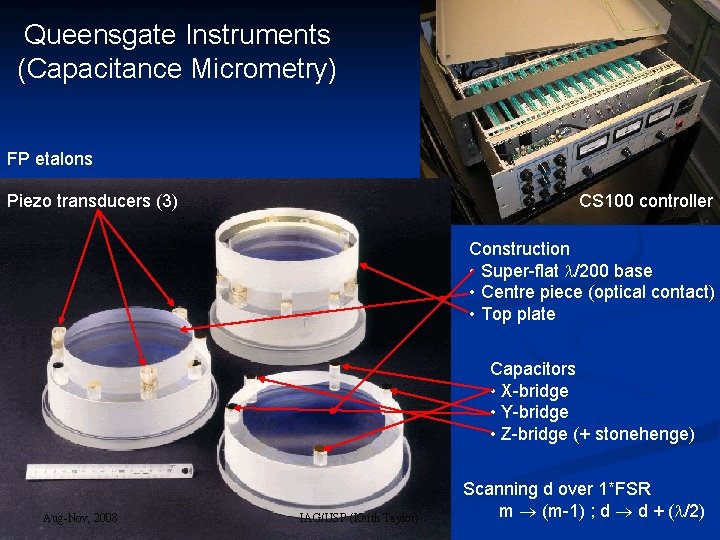 Queensgate Instruments (Capacitance Micrometry) FP etalons Piezo transducers (3) CS 100 controller Construction •