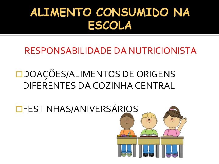 ALIMENTO CONSUMIDO NA ESCOLA RESPONSABILIDADE DA NUTRICIONISTA �DOAÇÕES/ALIMENTOS DE ORIGENS DIFERENTES DA COZINHA CENTRAL