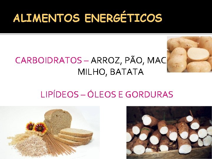 ALIMENTOS ENERGÉTICOS CARBOIDRATOS – ARROZ, PÃO, MACARRÃO, MILHO, BATATA LIPÍDEOS – ÓLEOS E GORDURAS