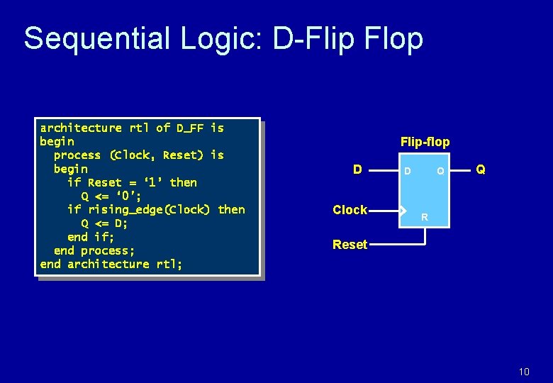 Sequential Logic: D-Flip Flop architecture rtl of D_FF is begin process (Clock, Reset) is