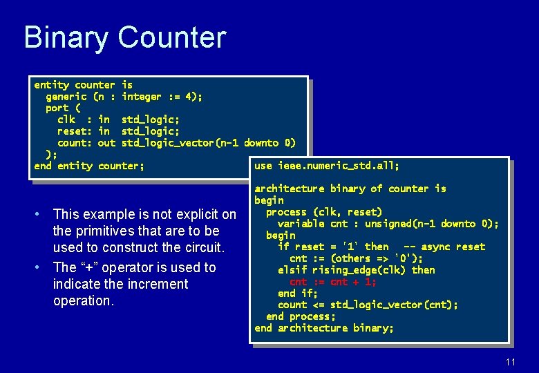 Binary Counter entity counter is generic (n : integer : = 4); port (