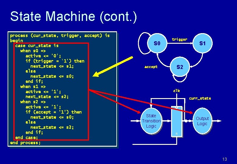 State Machine (cont. ) process (cur_state, trigger, accept) is begin case cur_state is when