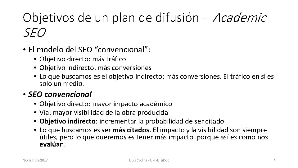 Objetivos de un plan de difusión – Academic SEO • El modelo del SEO