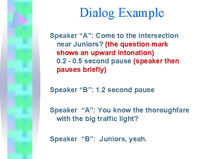 Dialog Example Speaker “A”: Come to the intersection near Juniors? (the question mark shows