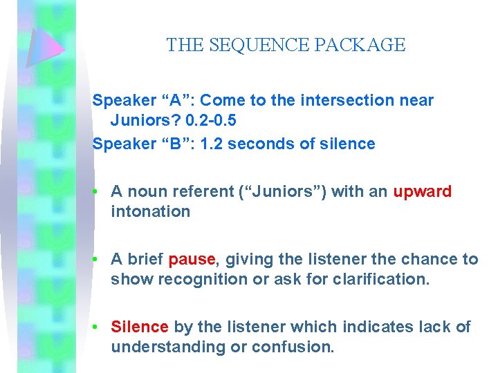 THE SEQUENCE PACKAGE Speaker “A”: Come to the intersection near Juniors? 0. 2 -0.