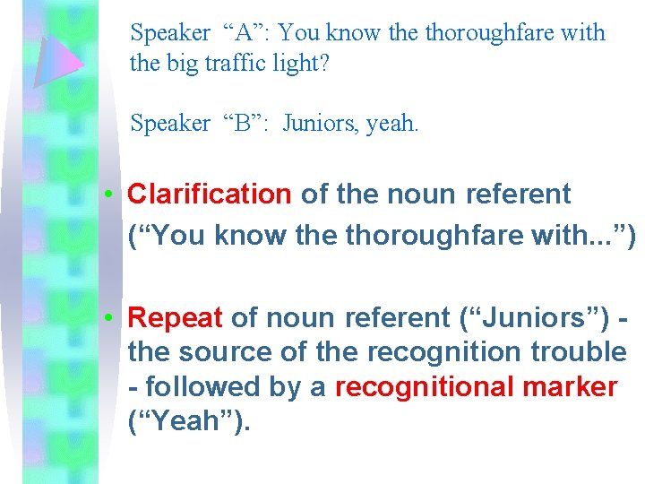 Speaker “A”: You know the thoroughfare with the big traffic light? Speaker “B”: Juniors,
