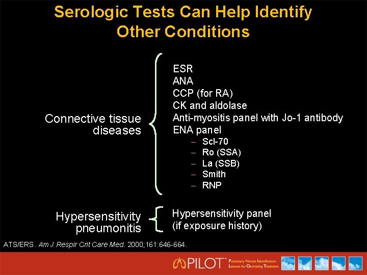 Serologic Tests Can Help Identify Other Conditions Connective tissue diseases Hypersensitivity pneumonitis ESR ANA