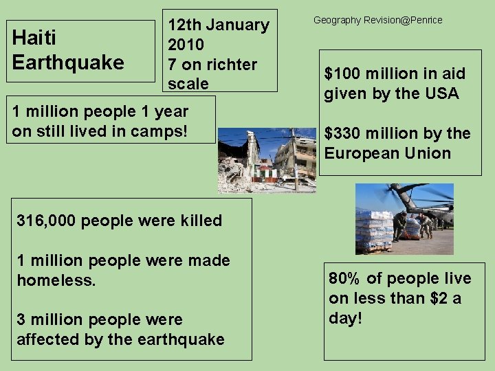 Haiti Earthquake 12 th January 2010 7 on richter scale 1 million people 1