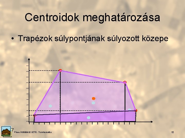 Centroidok meghatározása • Trapézok súlypontjának súlyozott közepe Phare HU 0008 -02 SZTE - Térinformatika