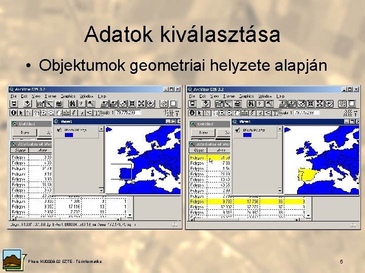 Adatok kiválasztása • Objektumok geometriai helyzete alapján Phare HU 0008 -02 SZTE - Térinformatika