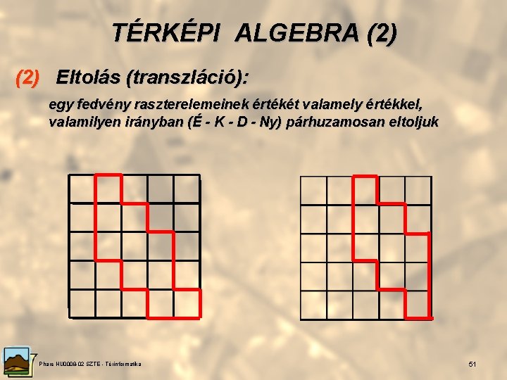 TÉRKÉPI ALGEBRA (2) Eltolás (transzláció): egy fedvény raszterelemeinek értékét valamely értékkel, valamilyen irányban (É