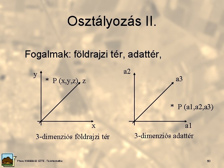 Osztályozás II. Fogalmak: földrajzi tér, adattér, y a 2 * P (x, y, z)