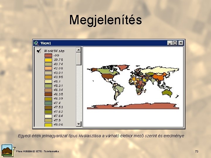 Megjelenítés Egyedi érték jelmagyarázat típus kiválasztása a várható életkor mező szerint és eredménye Phare