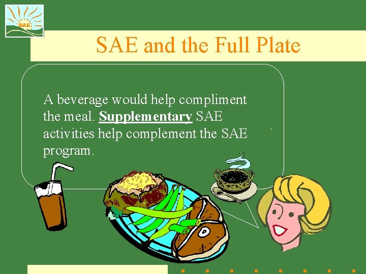 SAE and the Full Plate A beverage would help compliment the meal. Supplementary SAE