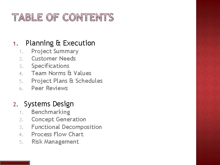 Planning & Execution 1. 1. 2. 3. 4. 5. 6. Project Summary Customer Needs