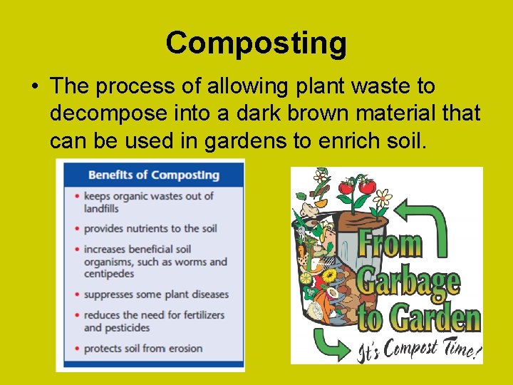 Composting • The process of allowing plant waste to decompose into a dark brown