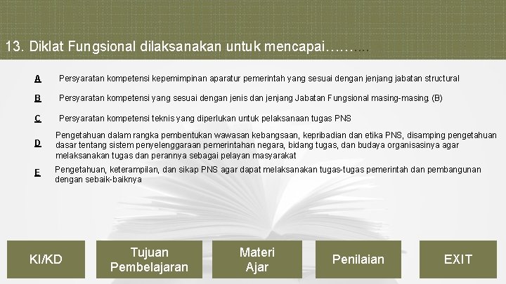 13. Diklat Fungsional dilaksanakan untuk mencapai……. . A Persyaratan kompetensi kepemimpinan aparatur pemerintah yang