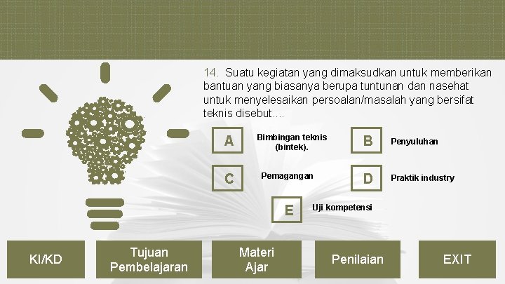 14. Suatu kegiatan yang dimaksudkan untuk memberikan bantuan yang biasanya berupa tuntunan dan nasehat