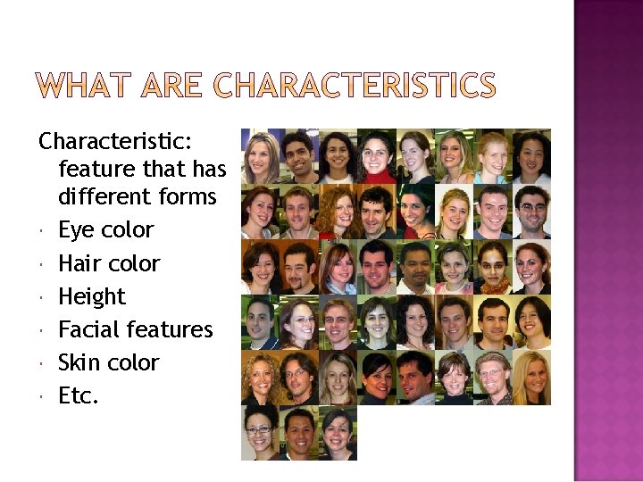 Characteristic: feature that has different forms Eye color Hair color Height Facial features Skin