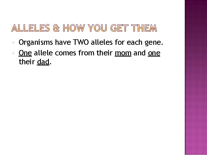  Organisms have TWO alleles for each gene. One allele comes from their mom