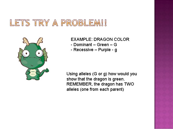 EXAMPLE: DRAGON COLOR - Dominant – Green – G - Recessive – Purple -