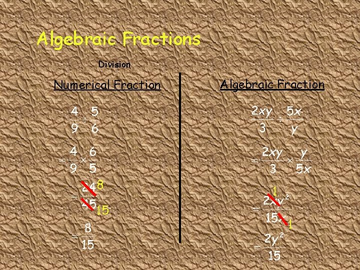 Algebraic Fractions Division Numerical Fraction 8 15 Algebraic Fraction 1 1 