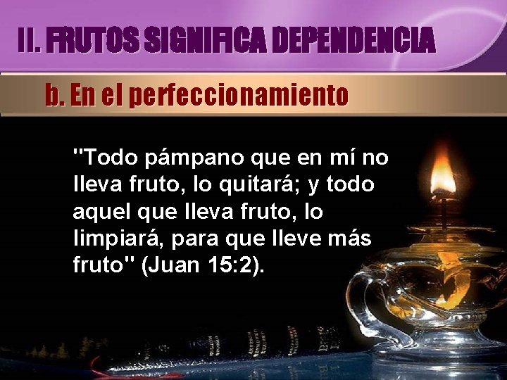 II. FRUTOS SIGNIFICA DEPENDENCIA b. En el perfeccionamiento "Todo pámpano que en mí no