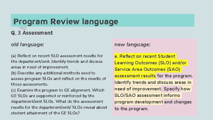 Program Review language Q. 3 Assessment old language: new language: (a) Reflect on recent