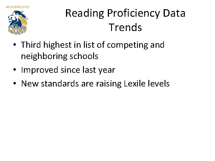 Reading Proficiency Data Trends • Third highest in list of competing and neighboring schools
