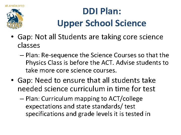 DDI Plan: Upper School Science • Gap: Not all Students are taking core science