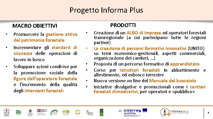 Progetto Informa Plus PRODOTTI MACRO OBIETTIVI • • • Promuovere la gestione attiva del