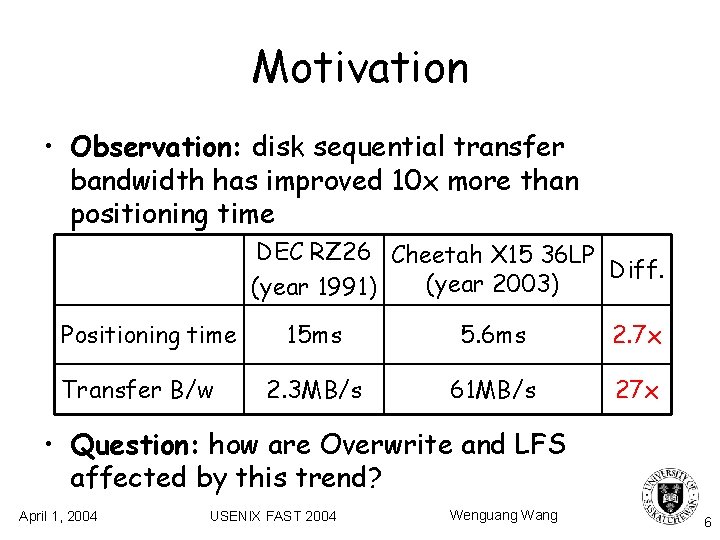 Motivation • Observation: disk sequential transfer bandwidth has improved 10 x more than positioning Motivation • Observation: disk sequential transfer bandwidth has improved 10 x more than positioning