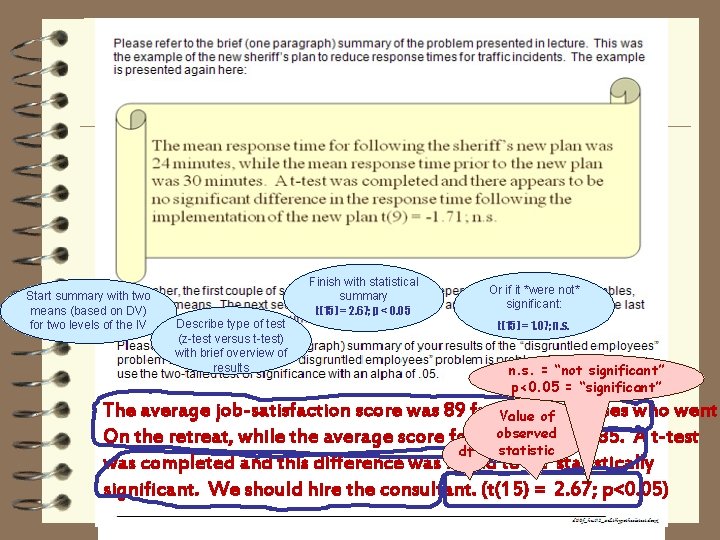 Start summary with two means (based on DV) for two levels of the IV