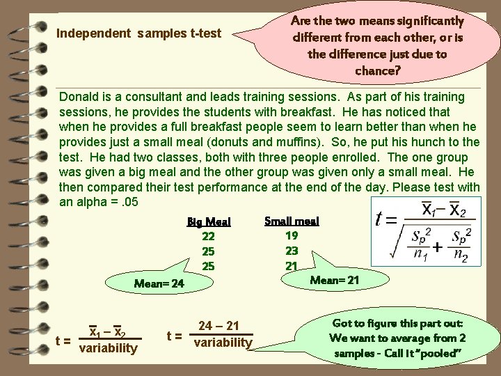 Independent samples t-test Are the two means significantly different from each other, or is