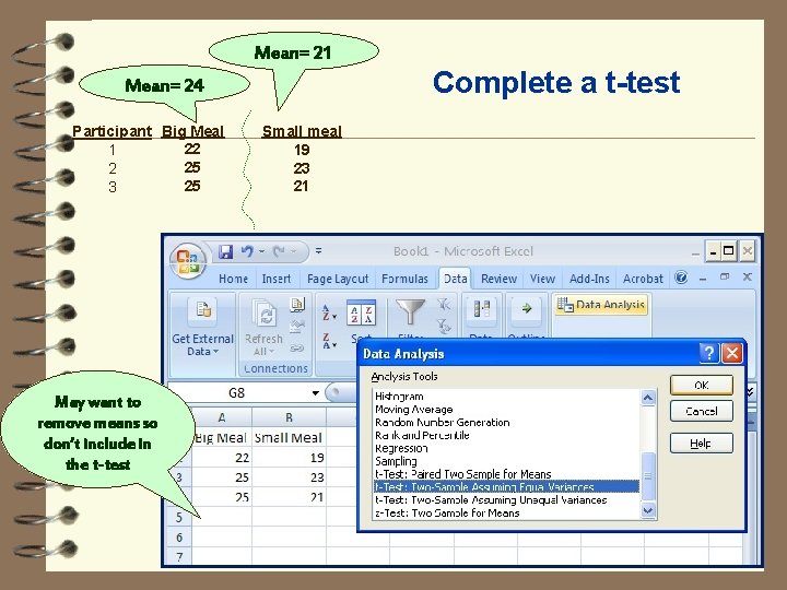 Mean= 21 Complete a t-test Mean= 24 Participant Big Meal 22 1 25 2