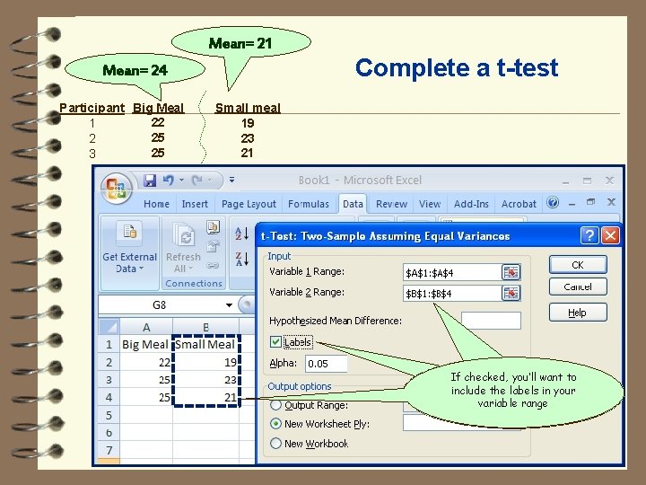 Mean= 21 Complete a t-test Mean= 24 Participant Big Meal 22 1 25 2