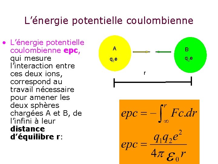 L’énergie potentielle coulombienne • L’énergie potentielle coulombienne epc, qui mesure l’interaction entre ces deux