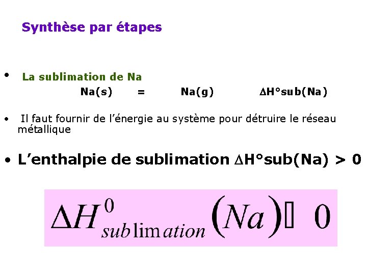 Synthèse par étapes • • La sublimation de Na Na(s) = Na(g) H°sub(Na) Il