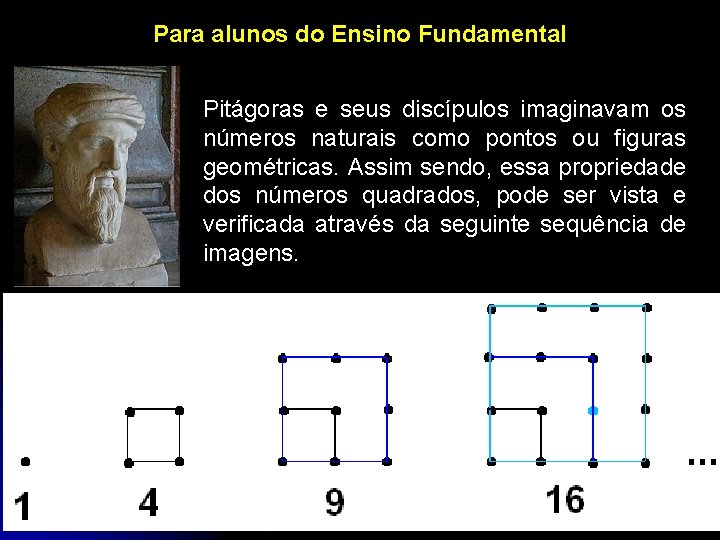 Para alunos do Ensino Fundamental Pitágoras e seus discípulos imaginavam os números naturais como