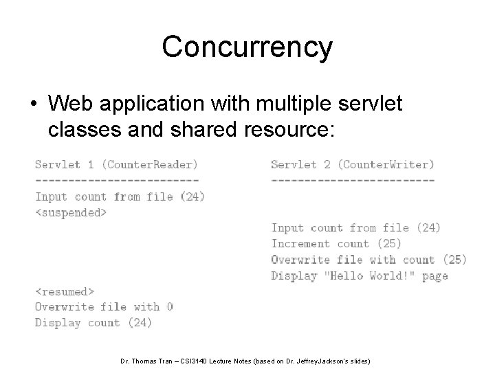 Concurrency • Web application with multiple servlet classes and shared resource: Dr. Thomas Tran