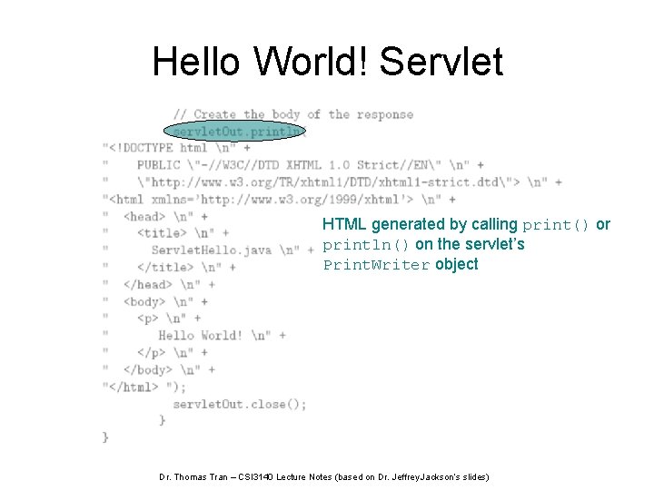 Hello World! Servlet HTML generated by calling print() or println() on the servlet’s Print.