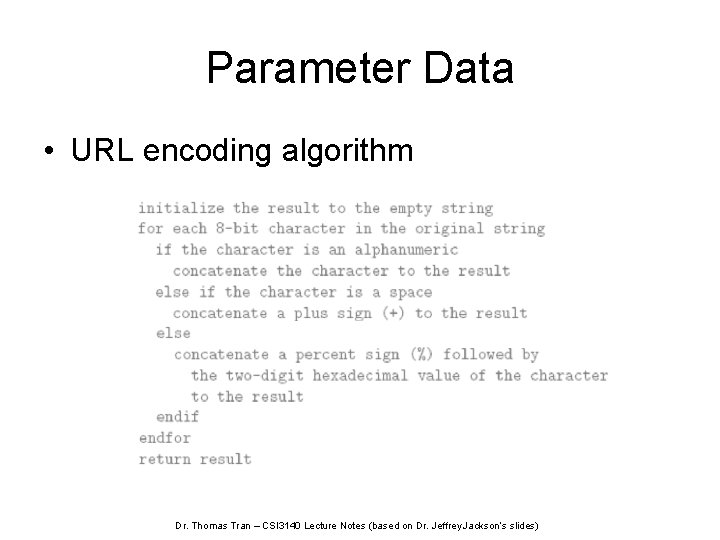Parameter Data • URL encoding algorithm Dr. Thomas Tran – CSI 3140 Lecture Notes