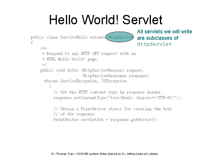 Hello World! Servlet All servlets we will write are subclasses of Http. Servlet Dr.