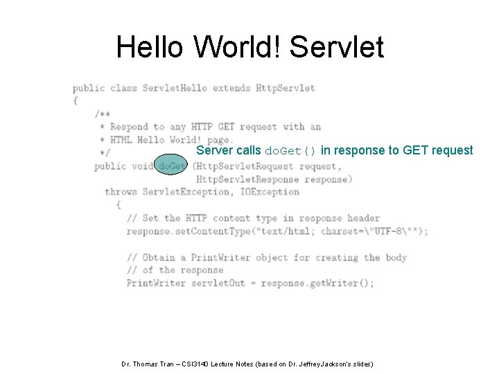 Hello World! Servlet Server calls do. Get() in response to GET request Dr. Thomas