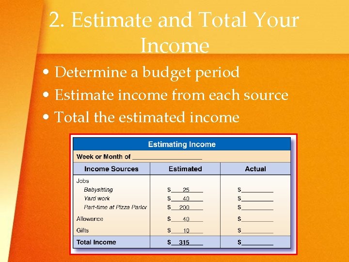 2. Estimate and Total Your Income • Determine a budget period • Estimate income