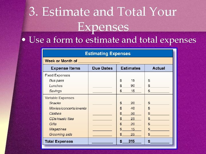 3. Estimate and Total Your Expenses • Use a form to estimate and total