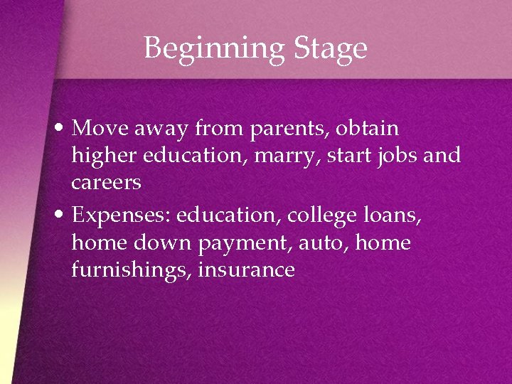 Beginning Stage • Move away from parents, obtain higher education, marry, start jobs and