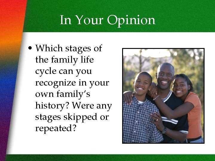 In Your Opinion • Which stages of the family life cycle can you recognize