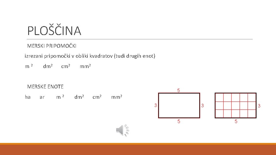 PLOŠČINA MERSKI PRIPOMOČKI izrezani pripomočki v obliki kvadratov (tudi drugih enot) m 2 dm